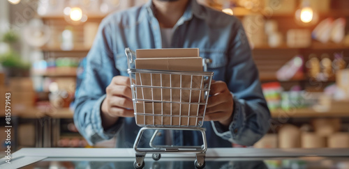 Man holding a small shopping cart with boxes, concept of shopping and retail.