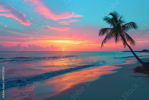 Palm Tree on Tropical Beach  Silhouetted against a colorful sunset backdrop.