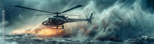 Helicopter in a tailspin over a stormy ocean  photo