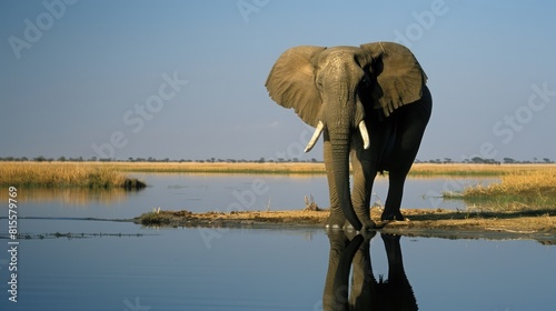 Africa, Botswana, Chobe National Park, African Elephant (Loxodonta Africana) stands at edge of water hole in Savuti Marsh  photo
