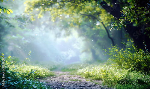 A tranquil scene of sunbeams illuminating a forest clearing with blooming flowers. Generate AI