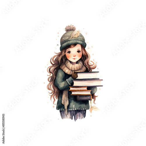 Winter Girl Holding Stack of Books. Vector illustration design.