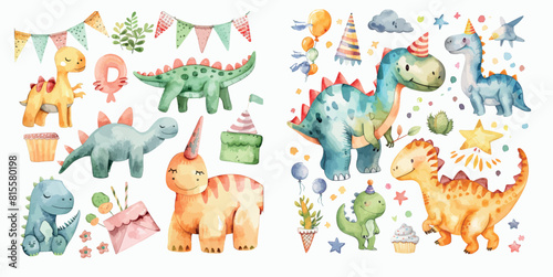 Illustration set of cute colorful dinosaurs and birthday party elements in watercolor