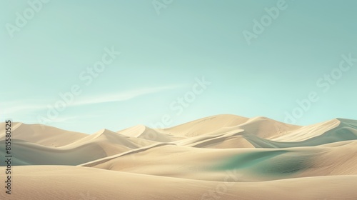 An image of beautiful minimalistic desert landscape with blue sky and white cloud. An abstract picture of desert surrounded by mountain of sand or sand hill and blue sky. Panorama concept. AIG42.