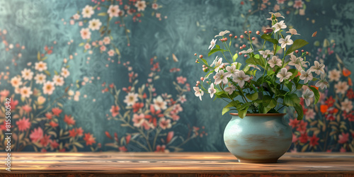 Pink and white color flower pot, a basket on an antique table, and the same flower-style background 