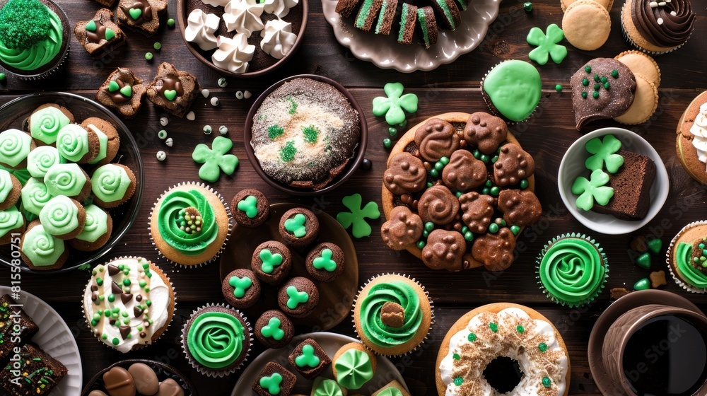 Picture a festive St Patrick s Day spread set against a rich dark wood backdrop featuring an assortment of delightful treats like shamrock shaped cookies green frosted cupcakes tempting brow Picture a festive St Patrick s Day spread set against a rich dark wood backdrop featuring an assortment of delightful treats like shamrock shaped cookies green frosted cupcakes tempting brow