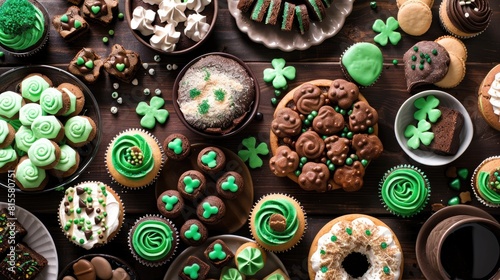 Picture a festive St Patrick s Day spread set against a rich dark wood backdrop featuring an assortment of delightful treats like shamrock shaped cookies green frosted cupcakes tempting brow photo