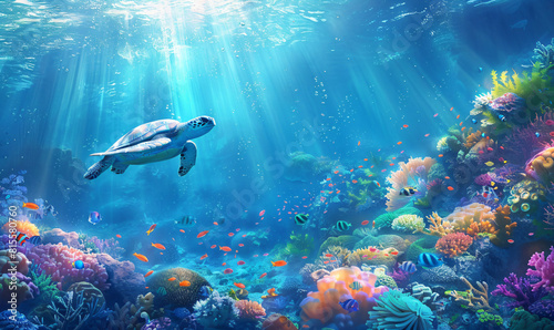Sea turtle swimming over colorful coral reef with sunlight streaming through the water. High-resolution underwater photography. Marine life conservation. Design for posters and wallpapers. Top view