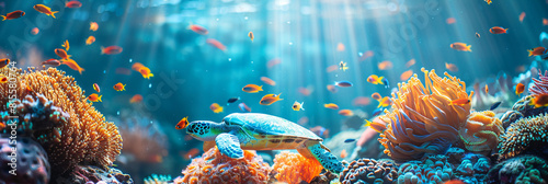 Green sea turtle amidst vibrant coral reefs with numerous tropical fish. High-resolution underwater photograph. Ocean wildlife preservation. Design for banners and postcards. Top view.