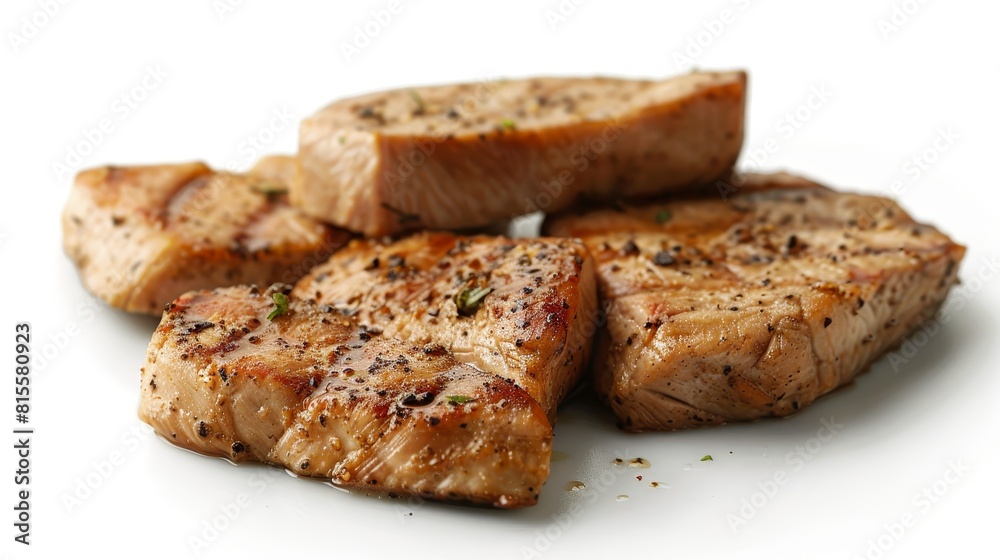 Artistic shot of premium turkey steak cuts, focusing on texture and individual flavors, designed for ads with a clean, isolated background
