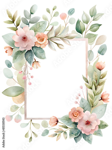 Wallpaper Mural Watercolor illustration square frame with flowers and eucalyptus . Isolated on transparent background. Perfect for card, postcard, tags, invitation, printing, wrapping. Torontodigital.ca