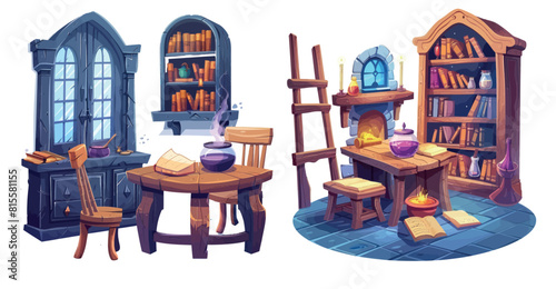 The interior of a magic wizard school classroom is depicted in a cartoon style