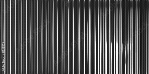 3d transparent ribbed glass background with refraction effect. Reeded glass with black and white gradient. Render of corrugated wall with overlay reflection light on dark. 3d vector background