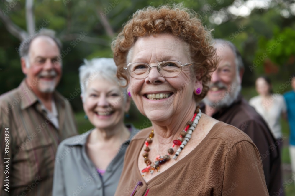 Portrait of a smiling senior woman with her family in the background