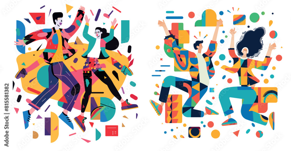Graphic design of geometrical character, jumping young modern person, people pose energy on abstract background