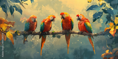Full body of multicolored set of parrots sitting on a dry tree branch against a blurred green tropical forest on a sunny day generative ai image