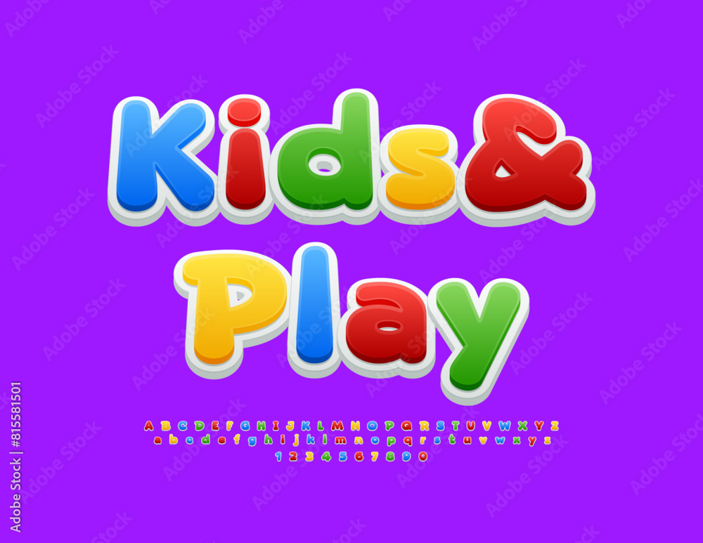 Vector colorful logo Kids and Play. Children Cute Font. Bright Creative Alphabet Letters and Numbers set.