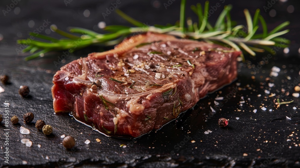 Artistic presentation of a premium goat steak, focused on texture and plating details, isolated background with studio lighting Artistic presentation of a premium goat steak, focused on texture and plating details, isolated background with studio lighting