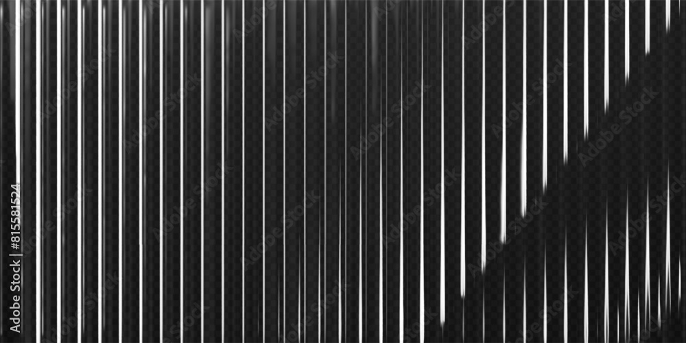 3d transparent ribbed glass background with refraction effect. Reeded glass with black and white gradient. Render of corrugated wall with overlay reflection light on dark. 3d vector background