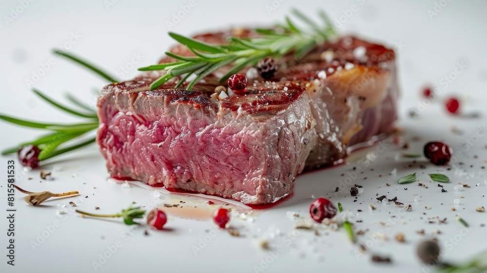 Fototapeta premium Artistic presentation of a premium goat steak, focused on texture and plating details, isolated background with studio lighting