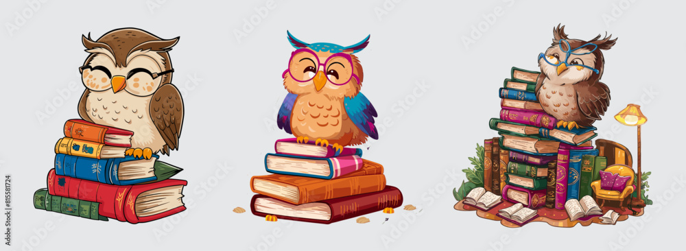 Naklejka premium Happy owl with glasses on books vector, Generative AI