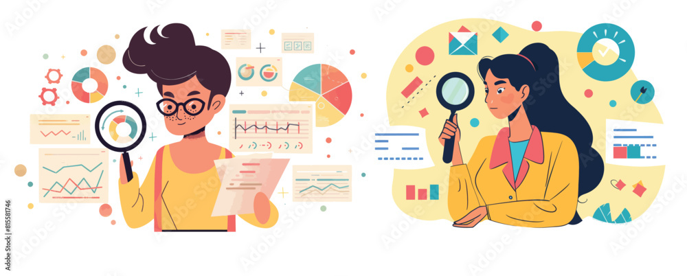 The concept of task control is depicted by a woman with a magnifying glass beneath graphs and diagrams.