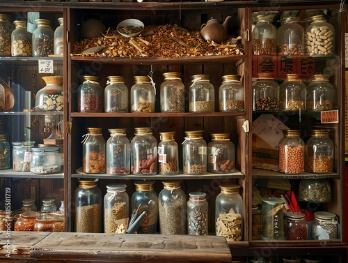 A traditional Chinese herbal shop with dried goods and jars filled with various medicinal herbs