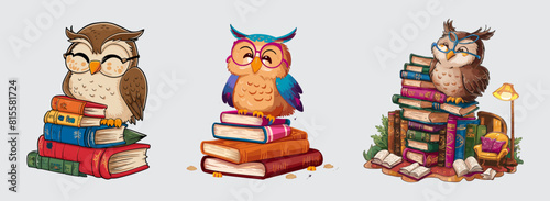 Happy owl with glasses on books vector, Generative AI