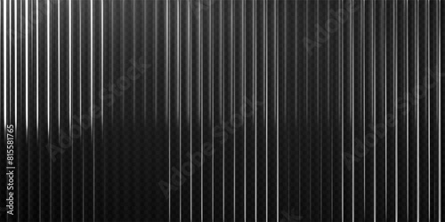 3d transparent ribbed glass background with refraction effect. Reeded glass with black and white gradient. Render of corrugated wall with overlay reflection light on dark. 3d vector background