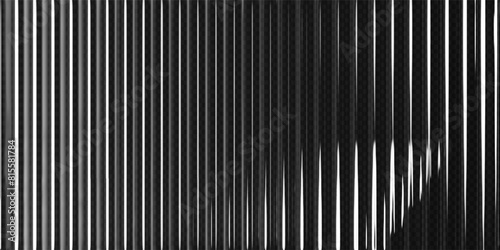3d transparent ribbed glass background with refraction effect. Reeded glass with black and white gradient. Render of corrugated wall with overlay reflection light on dark. 3d vector background © janevasileva