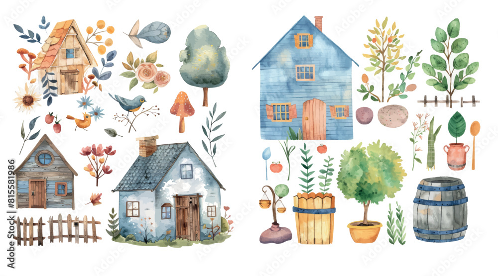 A watercolor illustration set featuring farm houses and elements from nature