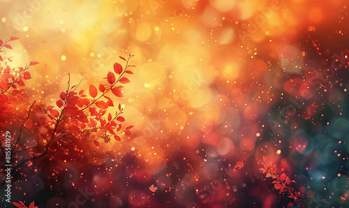 Vibrant fall leaves against a blurred background of golden bokeh lights. Generate AI