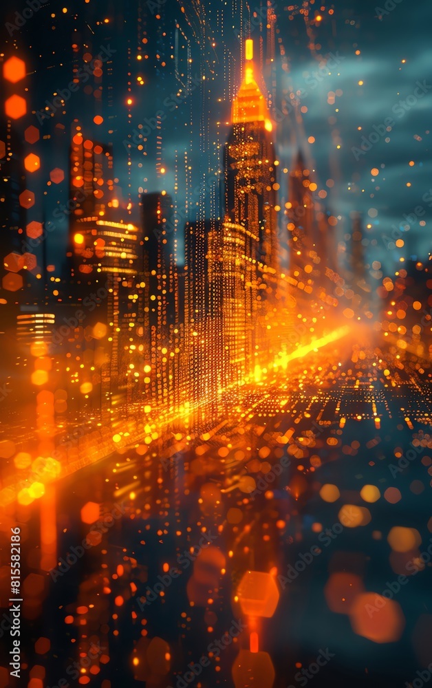 Fototapeta premium Quantum algorithm visualization, bright yellow and grey, close up on computational flow, vivid colors, Double exposure silhouette with a logic circuit