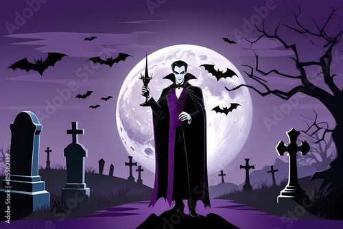 Halloween night background with vampire in graveyard, Bats, Pumpkins, Moon