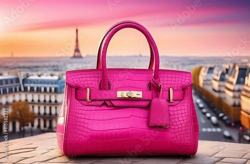 Pink women's handbag on the background of Paris