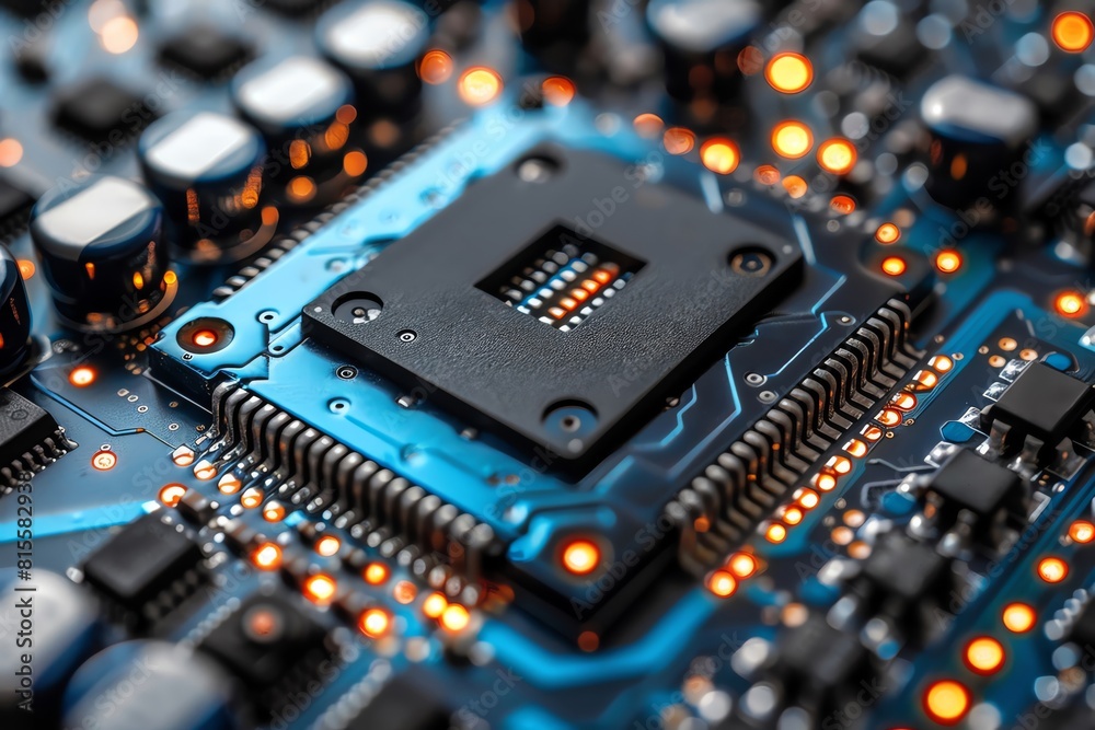 Quantum computer chips, electric blue and silver, close up on quantum bits, vivid colors, Double exposure silhouette with a circuit diagram Quantum computer chips, electric blue and silver, close up on quantum bits, vivid colors, Double exposure silhouette with a circuit diagram