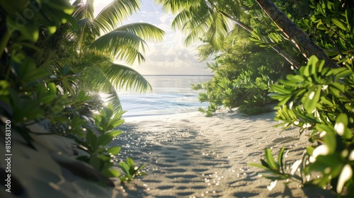 Exotic summer beach with palm trees, sea and sand. Secluded Serenity: Nestled between lush foliage and swaying palm trees, a hidden beach offers a quiet retreat from the outside world.