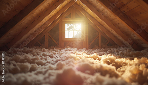 Insulation improvement photograph of installing thermal insulation in an attic, copy space, energy conservation theme, dynamic, Silhouette, home attic photo