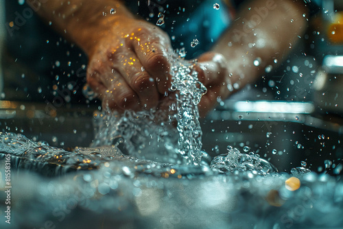 Plumbing fix image of hands repairing a leaky kitchen sink  close up  problemsolving theme  dynamic  Double exposure  family kitchen