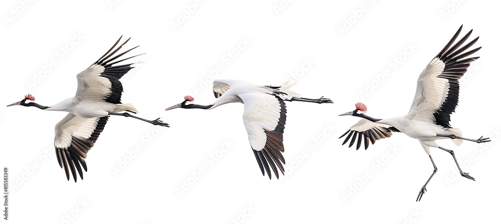 Obraz premium 3 red-crowned cranes flying in different directions, on a pure white background, in the style of high definition photography, at a high resolution, of high quality