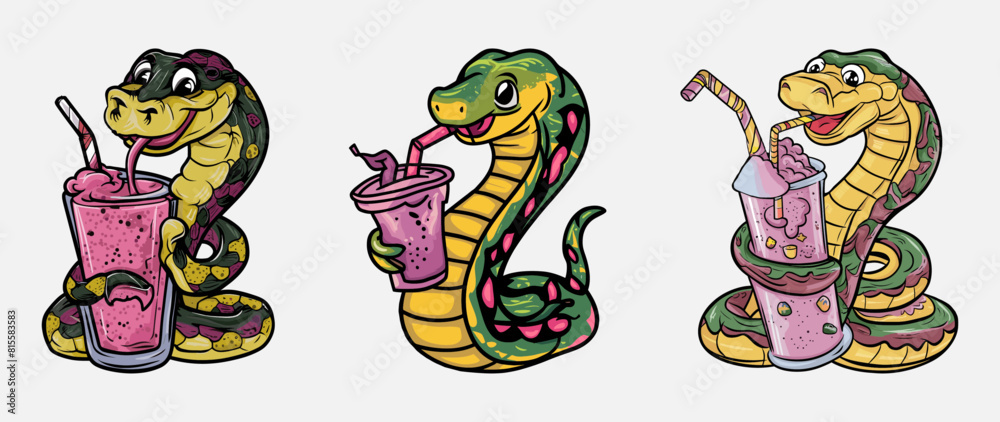 Colorful snake sipping a smoothie through a straw vector illustration, Generative AI