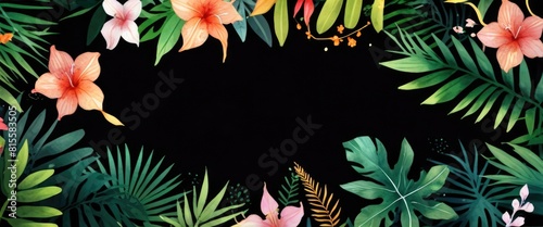 Watercolor drawing of tropical flowers and leaves.