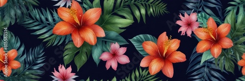 Watercolor drawing of tropical flowers and leaves.