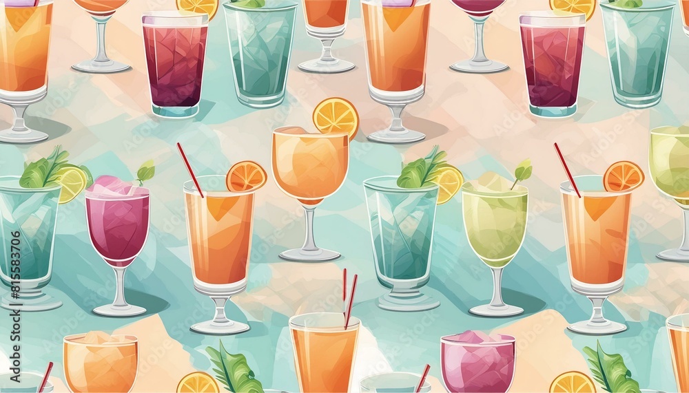 Seamless pattern of cocktail photos on pastel watercolor texture Seamless pattern of cocktail photos on pastel watercolor texture