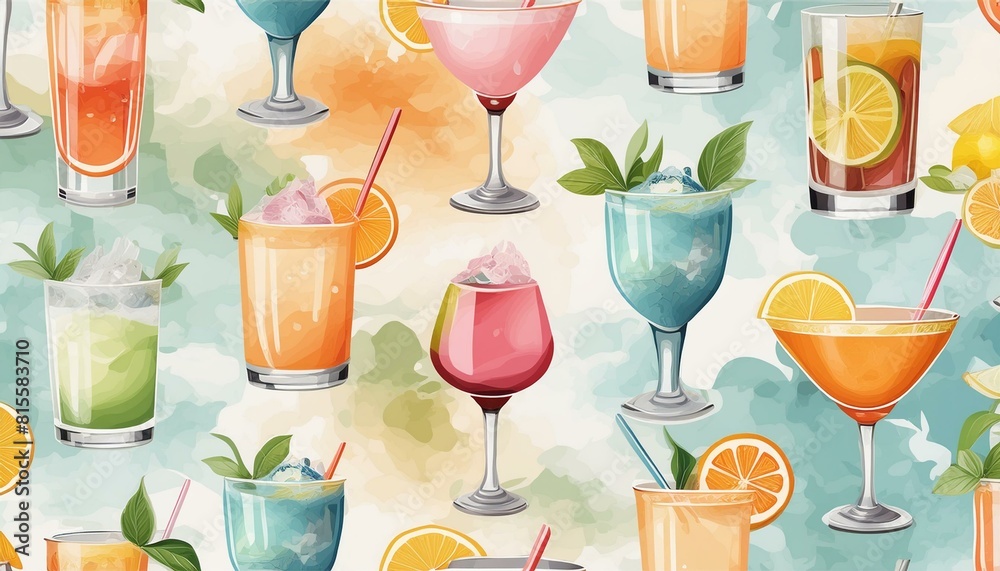 Seamless pattern of cocktail photos on pastel watercolor texture Seamless pattern of cocktail photos on pastel watercolor texture