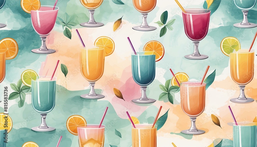 Seamless pattern of cocktail photos on pastel watercolor texture Seamless pattern of cocktail photos on pastel watercolor texture