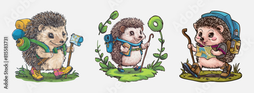Hedgehog with backpack hiking outdoors vector, Generative AI