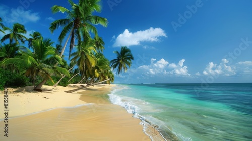 Exotic summer beach with palm trees  sea and sand. Secluded Serenity  Nestled between lush foliage and swaying palm trees  a hidden beach offers a quiet retreat from the outside world.