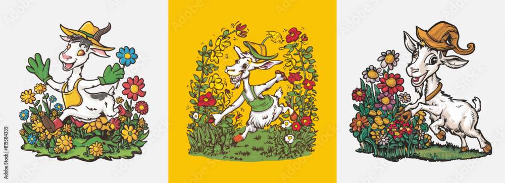 Obraz premium Happy goat caring for flowers vector, Generative AI