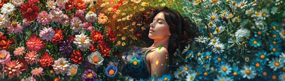 Woman lying in a field of flowers with chakras depicted as different colored blooms, aerial style